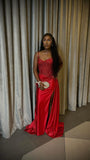 Mermaid Spaghetti Straps Slit Red Satin Prom Dresses Long Party Dress SD2386
