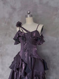 Irregular Ruffled Spaghetti Straps Grape Prom Dresses With Detachable Rose Long Birthday Dress For Women SD238