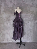Irregular Ruffled Spaghetti Straps Grape Prom Dresses With Detachable Rose Long Birthday Dress For Women SD238