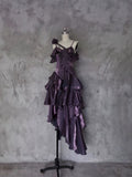 Irregular Ruffled Spaghetti Straps Grape Prom Dresses With Detachable Rose Long Birthday Dress For Women SD238