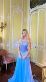 A Line Off The Shoulder Maxi Long Party Light Blue Chiffon Prom Dresses Evening Dress SD2383