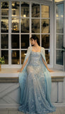 A line Strapless Sleeveless Chiffon Light Sky Blue Long Prom Dresses SD2397