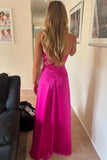 A Line Spaghetti Straps Hot Pink Long Satin Prom Dresses Formal Evening Dress SD2398