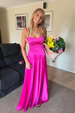 A Line Spaghetti Straps Hot Pink Long Satin Prom Dresses Formal Evening Dress SD2398