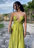 A Line Halter Green Long Satin Prom Dresses Formal Evening Dress SD2400