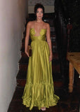 A Line Halter Green Long Satin Prom Dresses Formal Evening Dress SD2400