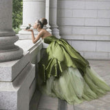 Ball Gown Strapless Olive Green Long Satin Prom Dresses Formal Evening Dress SD2404