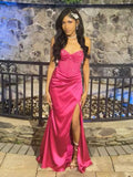 Mermaid Spaghetti Straps Hot Pink Long Satin Prom Dresses Formal Evening Dress SD2411