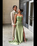 Mermaid Spaghetti Straps Sage Green Long Satin Prom Dresses Formal Evening Dress SD2416