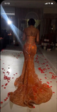 Mermaid Strapless Floor Length Orange Lace Sequin Evening Dress Prom Dresses SD2418