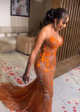 Mermaid Strapless Floor Length Orange Lace Sequin Evening Dress Prom Dresses SD2418