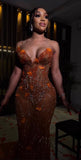 Mermaid Strapless Floor Length Orange Lace Sequin Evening Dress Prom Dresses SD2418