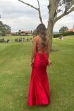 Mermaid Spaghetti Straps Red Long Satin Prom Dresses Formal Evening Dress SD2419