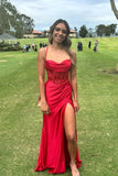Mermaid Spaghetti Straps Red Long Satin Prom Dresses Formal Evening Dress SD2419