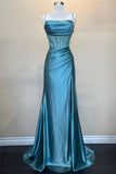Sage Scoop Neck Satin Mermaid Long Prom Dress with Slit Formal Gown Evening Dress SD2419