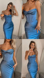 Mermaid Spaghetti Straps Neckline Long Party Dress Satin Blue Prom Dresses SD2421