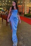 Mermaid Spaghetti Straps Neckline Long Party Dress Satin Blue Slit Prom Dresses SD2423