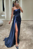 Mermaid Strapless Neckline Long Party Dress Satin Navy Blue Slit Prom Dresses SD2429