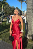 Mermaid Spaghetti Straps Neckline Long Party Dress Satin Red Prom Dresses SD2431