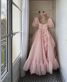A Line Square Neckline Pink Floor Length Evening Dress Prom Dresses SD2432