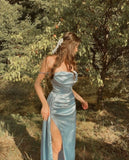 Mermaid Off The Shoulder Neckline Light Blue Long Party Dress Prom Dresses SD2435