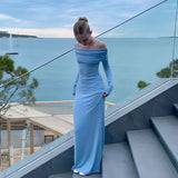 Mermaid Spaghetti Straps Off The Shoulder Neckline Light Blue Long Party Dress Prom Dresses SD2436