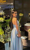 A line Spaghetti Straps Light Blue Long Party Dress Prom Dresses SD2440