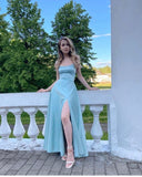 A line Spaghetti Straps Light Blue Long Party Dress Slit Prom Dresses SD2441