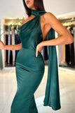 Sheath High Neckline Satin Long Party Dress Green Prom Dresses SD2448