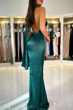 Sheath High Neckline Satin Long Party Dress Green Prom Dresses SD2448