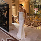 Mermaid Spaghetti Straps Long White Prom Dresses Formal Graduation Party Dress Evening Dress SD2461