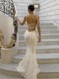 Mermaid Spaghetti Straps Long White Prom Dresses Formal Graduation Party Dress Evening Dress SD2461