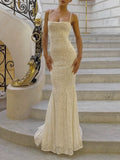 Mermaid Spaghetti Straps Long White Prom Dresses Formal Graduation Party Dress Evening Dress SD2461