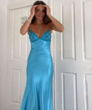 V-neck Blue Beaded Back Tie A-line Long Prom Dress HZ0628