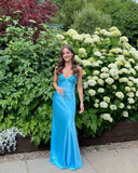 V-neck Blue Beaded Back Tie A-line Long Prom Dress HZ0628