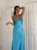Spaghetti Strap Sleeveless Mermaid Satin Long Backless Prom Dresses SD2470 HZ0628