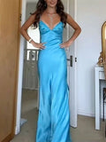 Spaghetti Strap Sleeveless Mermaid Satin Long Backless Prom Dresses SD2470 HZ0628