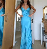 V-neck Blue Beaded Back Tie A-line Long Prom Dress HZ0628