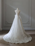 A Line V Neckline Sequin Sleeveless White Wedding Dresses Brides Dress SD2473