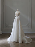 A Line V Neckline Sequin Sleeveless White Wedding Dresses Brides Dress SD2473