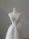 A Line V Neckline Sequin Sleeveless White Wedding Dresses Brides Dress SD2473