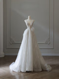A Line V Neckline Sequin Sleeveless White Wedding Dresses Brides Dress SD2473