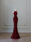 Mermaid Scoop Neckline Burgundy Sequin Long Party Dress Prom Dresses SD2474
