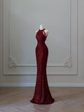 Mermaid Scoop Neckline Burgundy Sequin Long Party Dress Prom Dresses SD2474