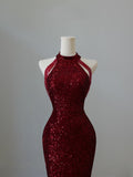 Mermaid Scoop Neckline Burgundy Sequin Long Party Dress Prom Dresses SD2474