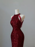 Mermaid Scoop Neckline Burgundy Sequin Long Party Dress Prom Dresses SD2474