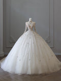 Ball Gown High Neckline Tulle Long Sleeves Wedding Dresses Bridal Dress SD2475