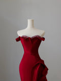 Mermaid Off The Shoulder Neckline Burgundy Sequin Long Party Dress Prom Dresses SD2478