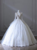 Ball Gown V Neckline Sequin Long Sleeves Wedding Dresses Bridal Dress SD2483