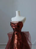 Mermaid Strapless Burgundy Sequin Long Evening Dress Prom Dresses SD2492